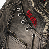 DAXUEN washed black distressed flame-embroidered wide-leg jeans