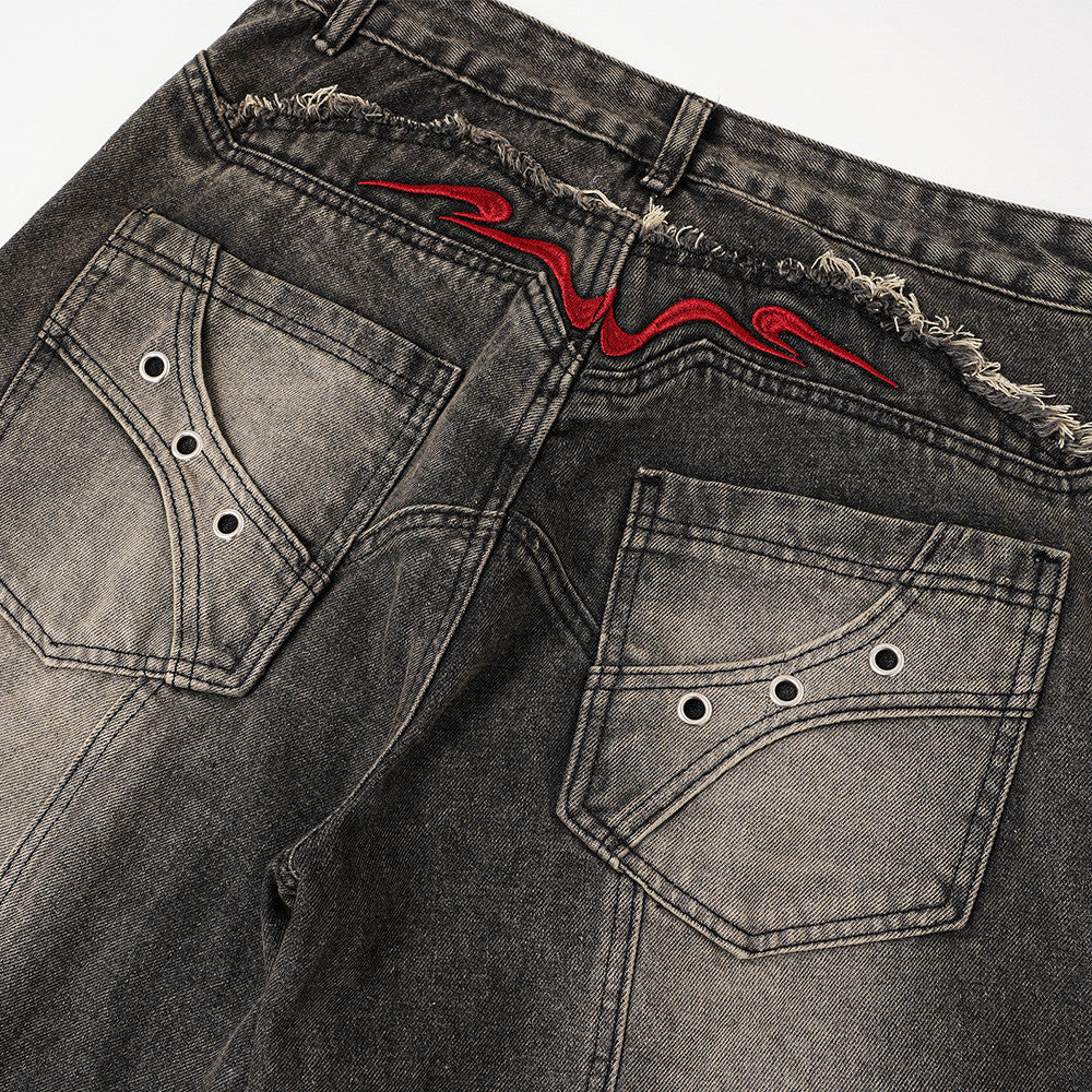 DAXUEN washed black distressed flame-embroidered wide-leg jeans