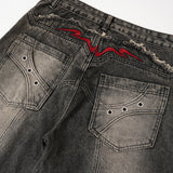 DAXUEN washed black distressed flame-embroidered wide-leg jeans