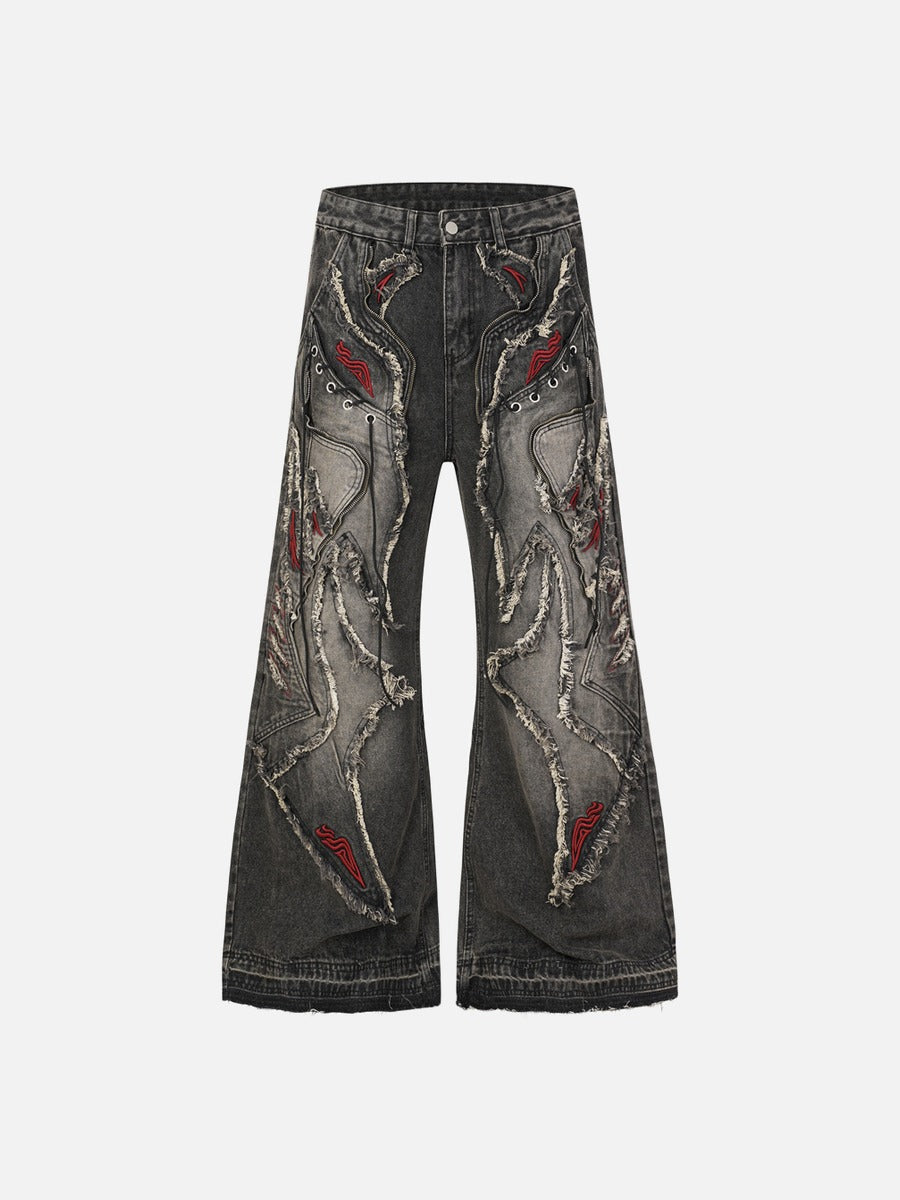 DAXUEN washed black distressed flame-embroidered wide-leg jeans