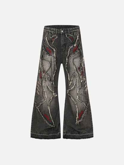 DAXUEN washed black distressed flame-embroidered wide-leg jeans