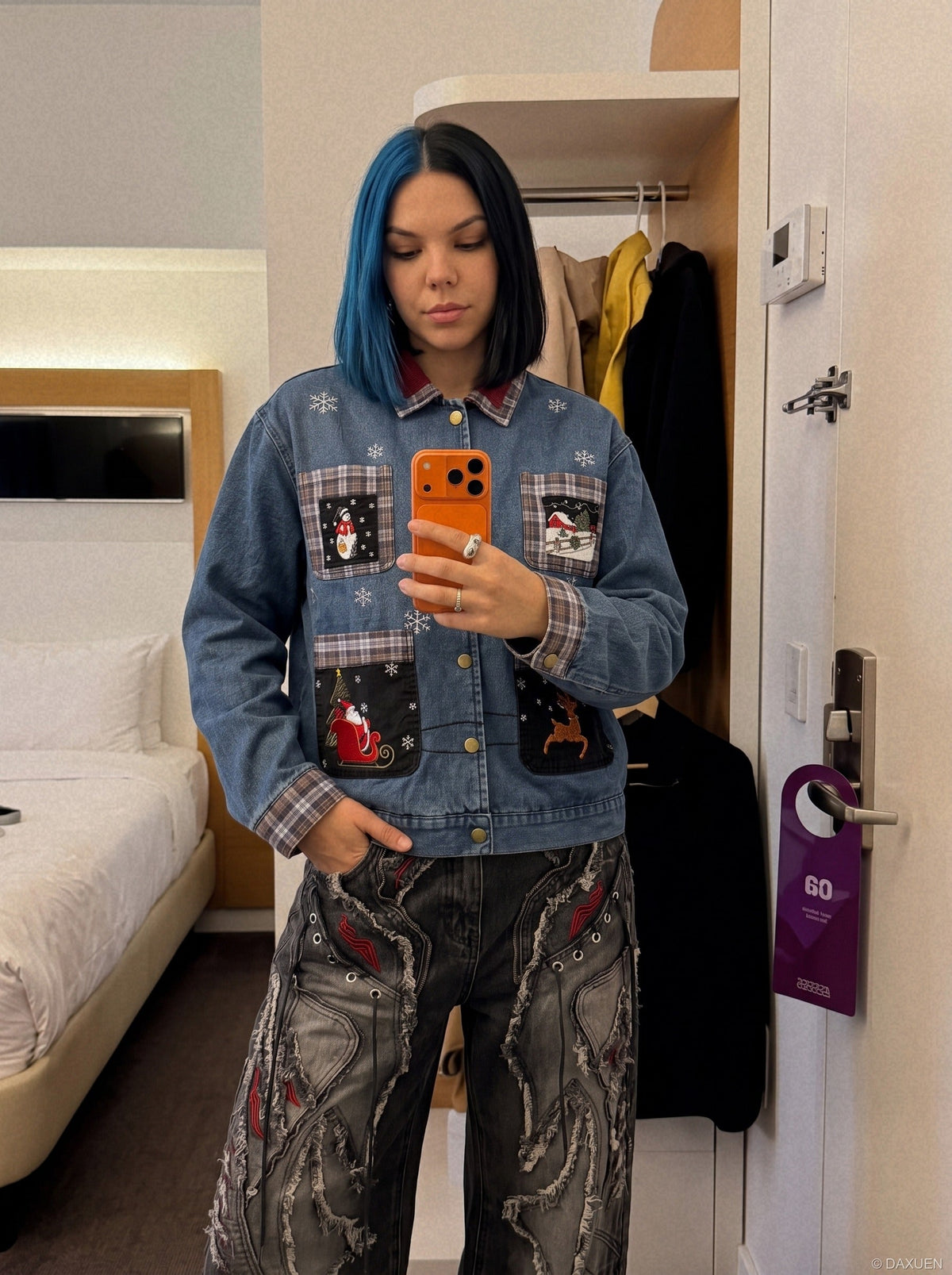 DAXUEN washed black distressed red-embroidered wide-leg jeans — model photo