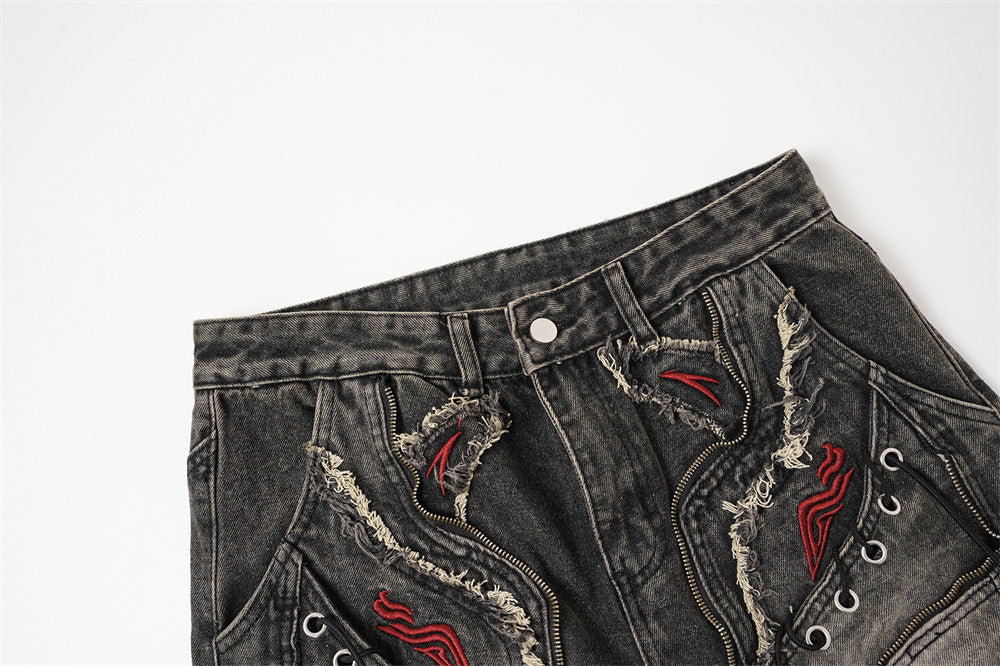 DAXUEN washed black distressed flame-embroidered wide-leg jeans