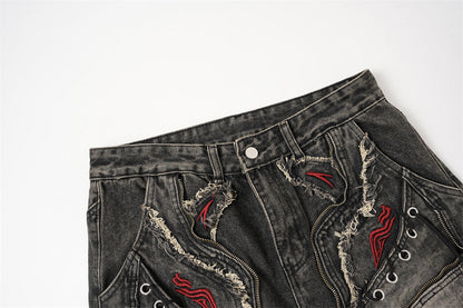 DAXUEN washed black distressed flame-embroidered wide-leg jeans