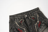 DAXUEN washed black distressed flame-embroidered wide-leg jeans