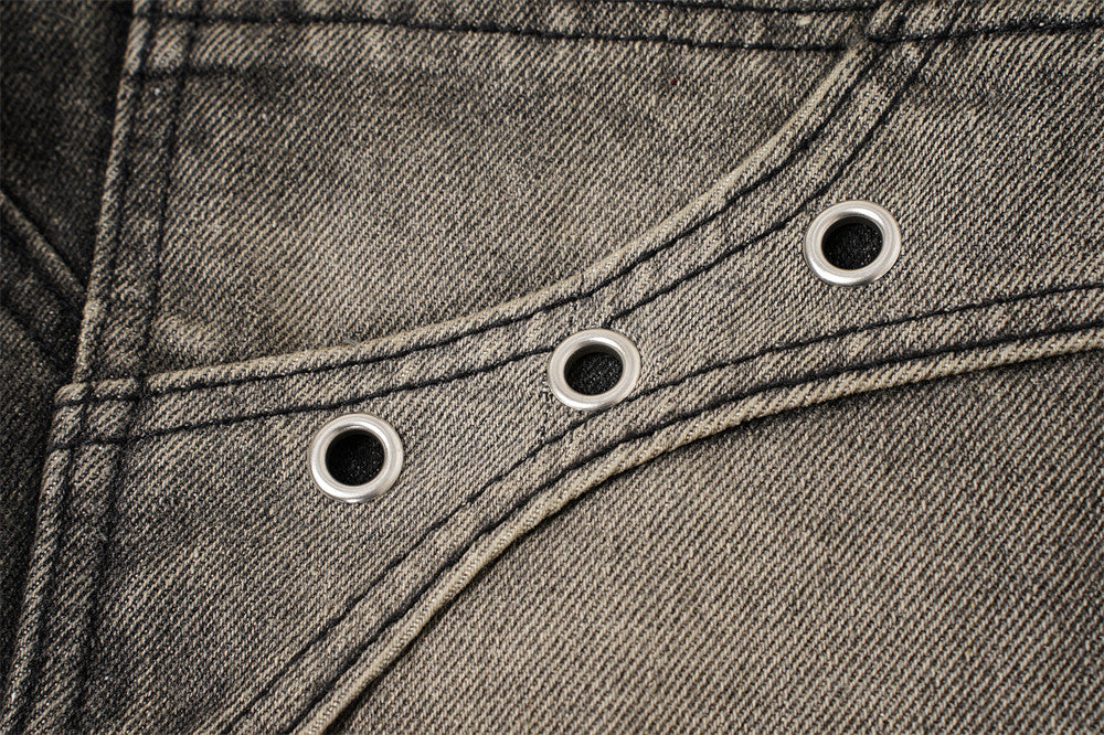 DAXUEN washed black distressed flame-embroidered wide-leg jeans