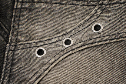 DAXUEN washed black distressed flame-embroidered wide-leg jeans