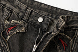 DAXUEN washed black distressed flame-embroidered wide-leg jeans