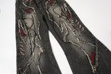 DAXUEN washed black distressed flame-embroidered wide-leg jeans