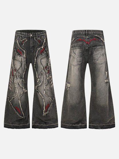 DAXUEN washed black distressed flame-embroidered wide-leg jeans