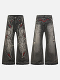 DAXUEN washed black distressed flame-embroidered wide-leg jeans