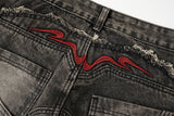 DAXUEN washed black distressed flame-embroidered wide-leg jeans