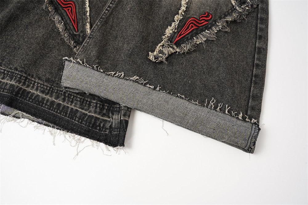 DAXUEN washed black distressed flame-embroidered wide-leg jeans