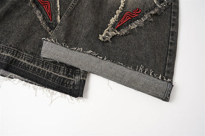DAXUEN washed black distressed flame-embroidered wide-leg jeans