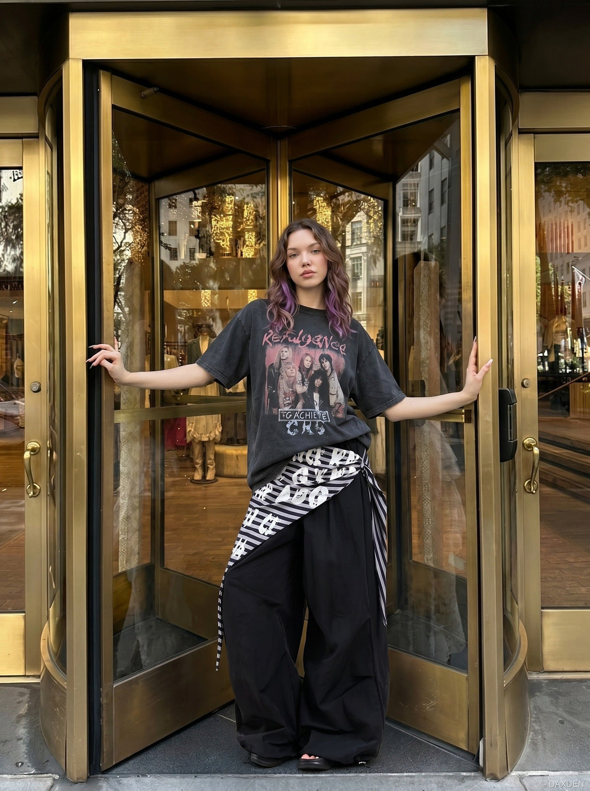 DAXUEN Washed black graphic t-shirt with band print — model photo