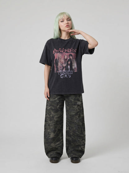 DAXUEN Washed black graphic t-shirt with band print — model photo