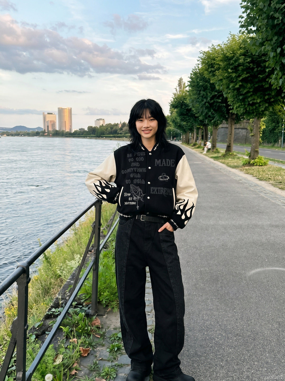 DAXUEN Relaxed fit black panel pants — model photo