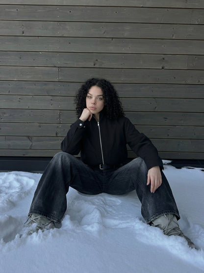 DAXUEN Unisex relaxed fit bomber jacket with pockets — model photo
