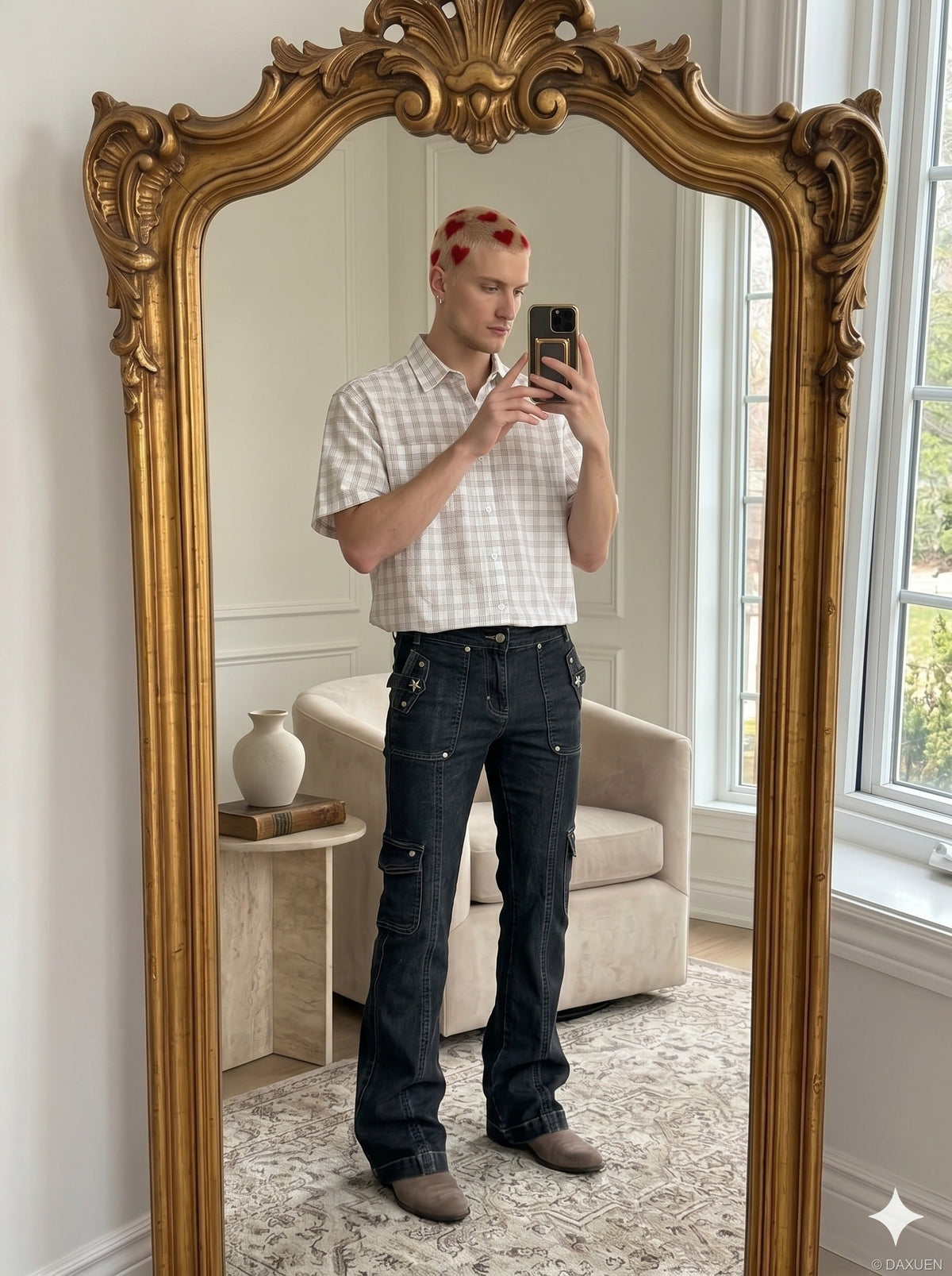 DAXUEN Short-sleeved plaid button-up shirt — model photo