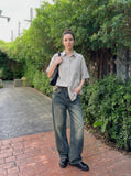 DAXUEN Relaxed oversized button-up shirt in greige and white — model photo