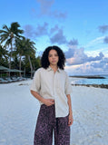 DAXUEN Relaxed oversized button-up shirt in greige and white — model photo