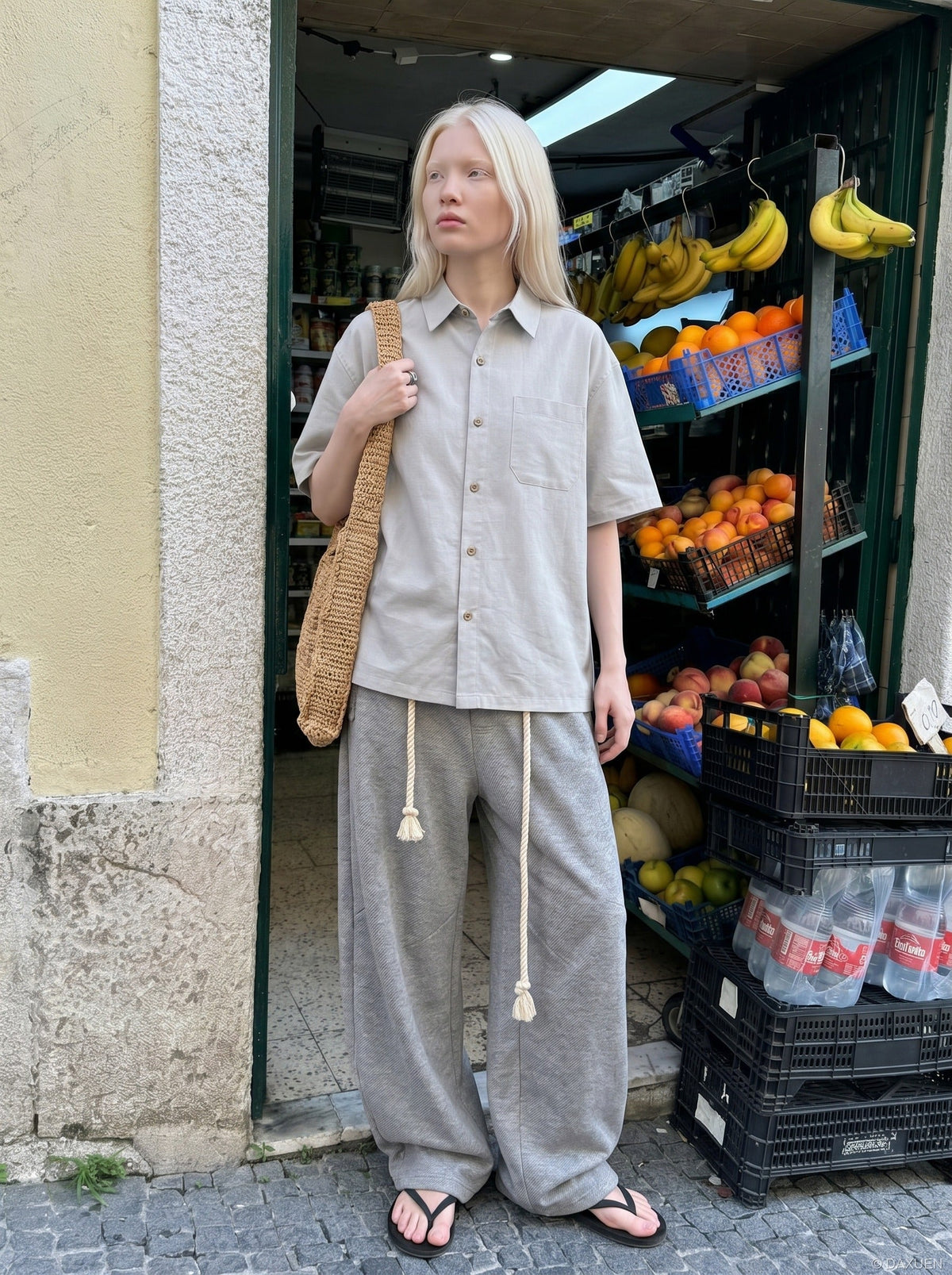 DAXUEN Short-sleeve button-up shirt with textured fabric — model photo