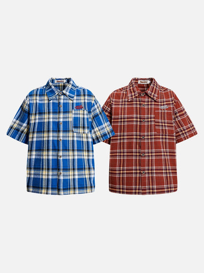 DAXUEN Relaxed-fit short-sleeved plaid button-up shirt