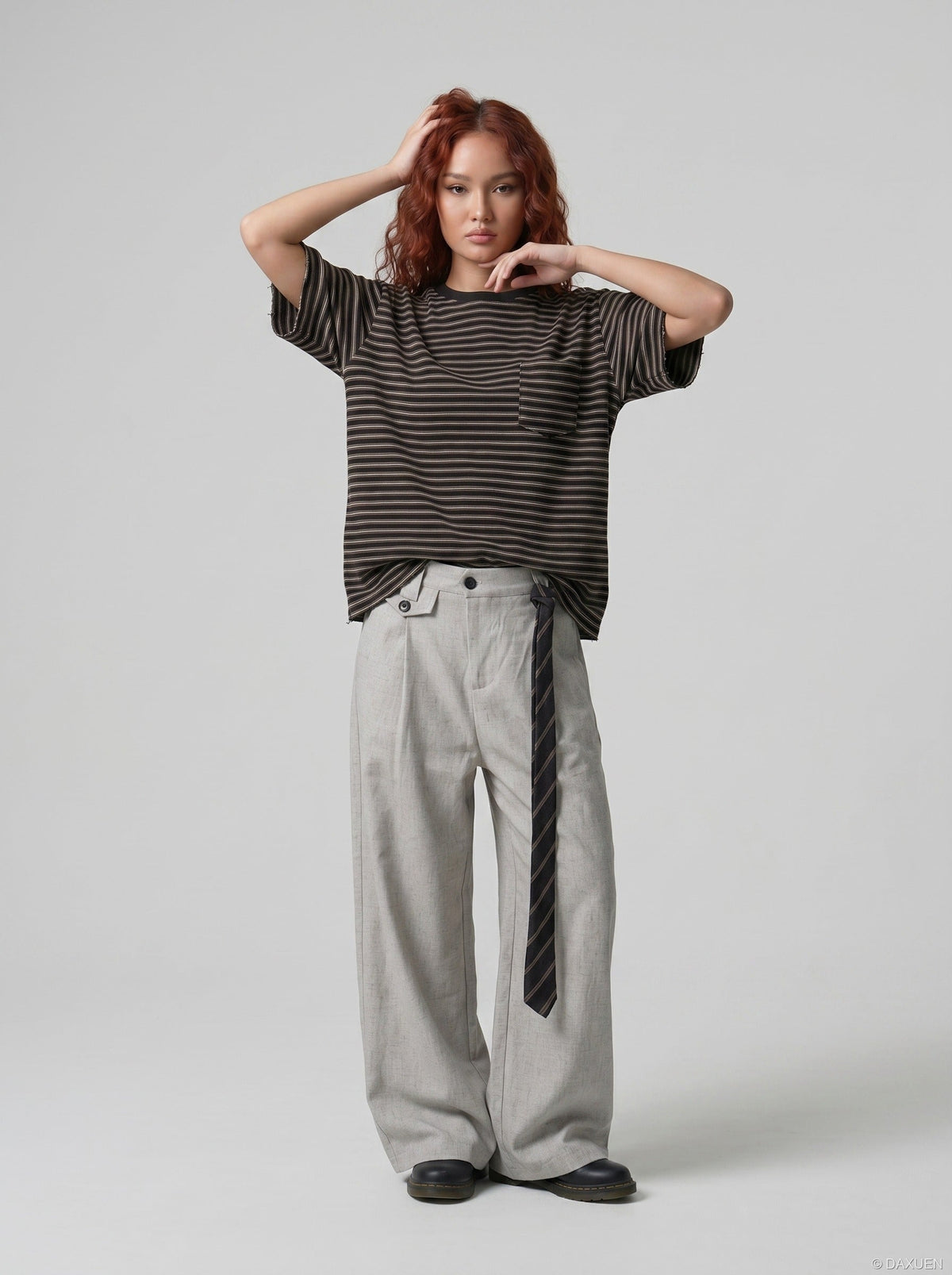 DAXUEN Striped crew-neck short-sleeve T-shirt with patch pocket — model photo