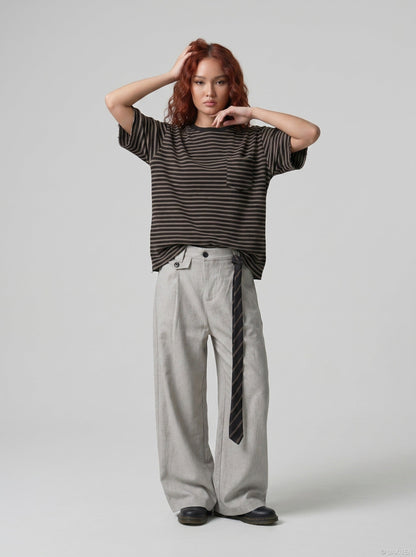 DAXUEN Striped crew-neck short-sleeve T-shirt with patch pocket — model photo