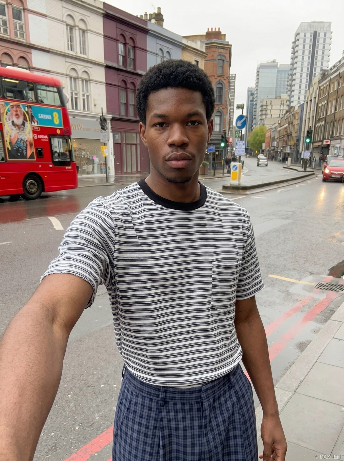 DAXUEN Striped crew-neck short-sleeve T-shirt with patch pocket — model photo