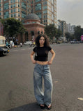 DAXUEN High-waisted wide-leg denim jeans in blue wash — model photo