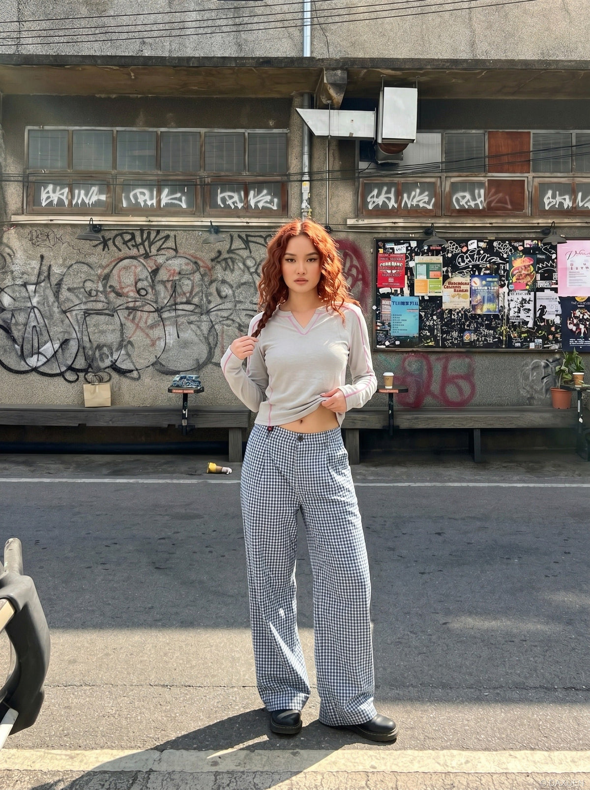 DAXUEN dark blue distressed wide-leg jeans — model photo