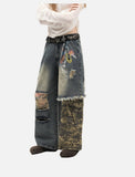 Distressed Camouflage Patchwork Wide-Leg Jeans