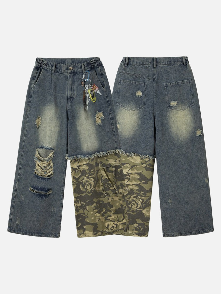 Distressed Camouflage Patchwork Wide-Leg Jeans