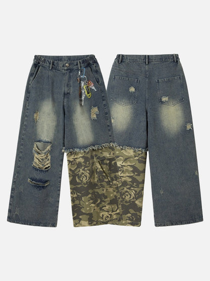 Distressed Camouflage Patchwork Wide-Leg Jeans