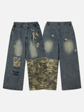Distressed Camouflage Patchwork Wide-Leg Jeans