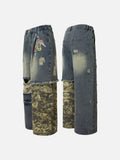 Distressed Camouflage Patchwork Wide-Leg Jeans