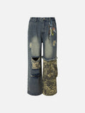 Distressed Camouflage Patchwork Wide-Leg Jeans