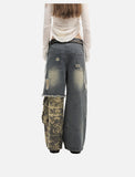 Distressed Camouflage Patchwork Wide-Leg Jeans