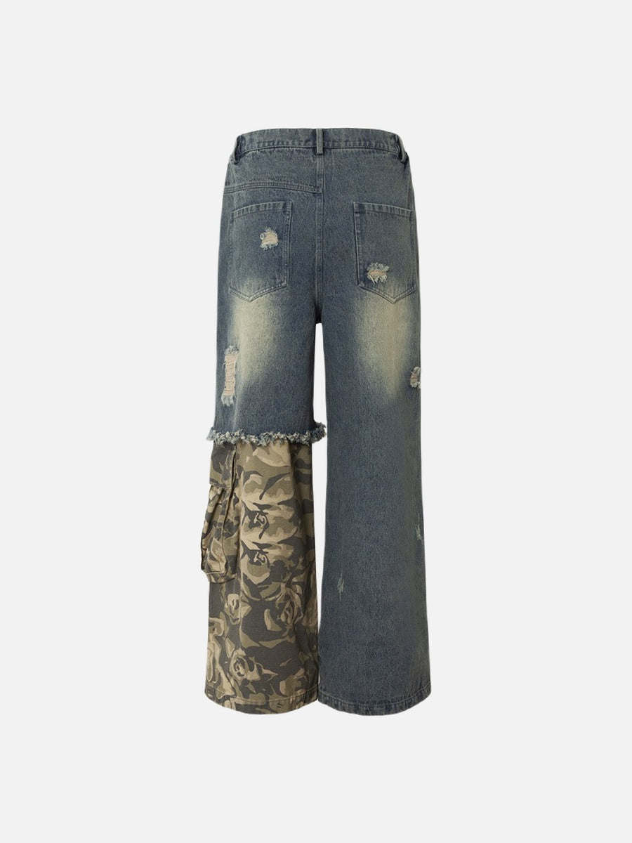 Distressed Camouflage Patchwork Wide-Leg Jeans