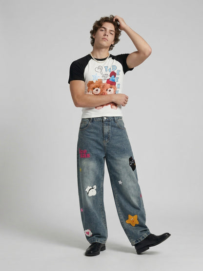 DAXUEN Slim-fit raglan sleeve T-shirt with bear graphic — model photo
