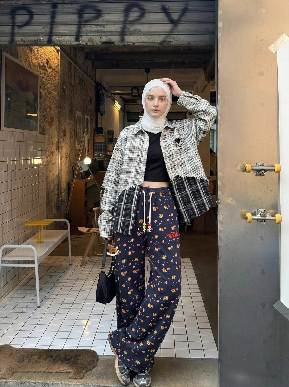DAXUEN Women's wide leg lounge pants with cartoon print — model photo