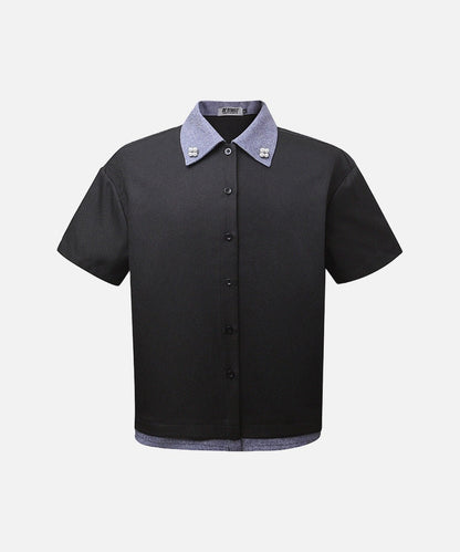 DAXUEN Retro color-block button-down shirt with short sleeves