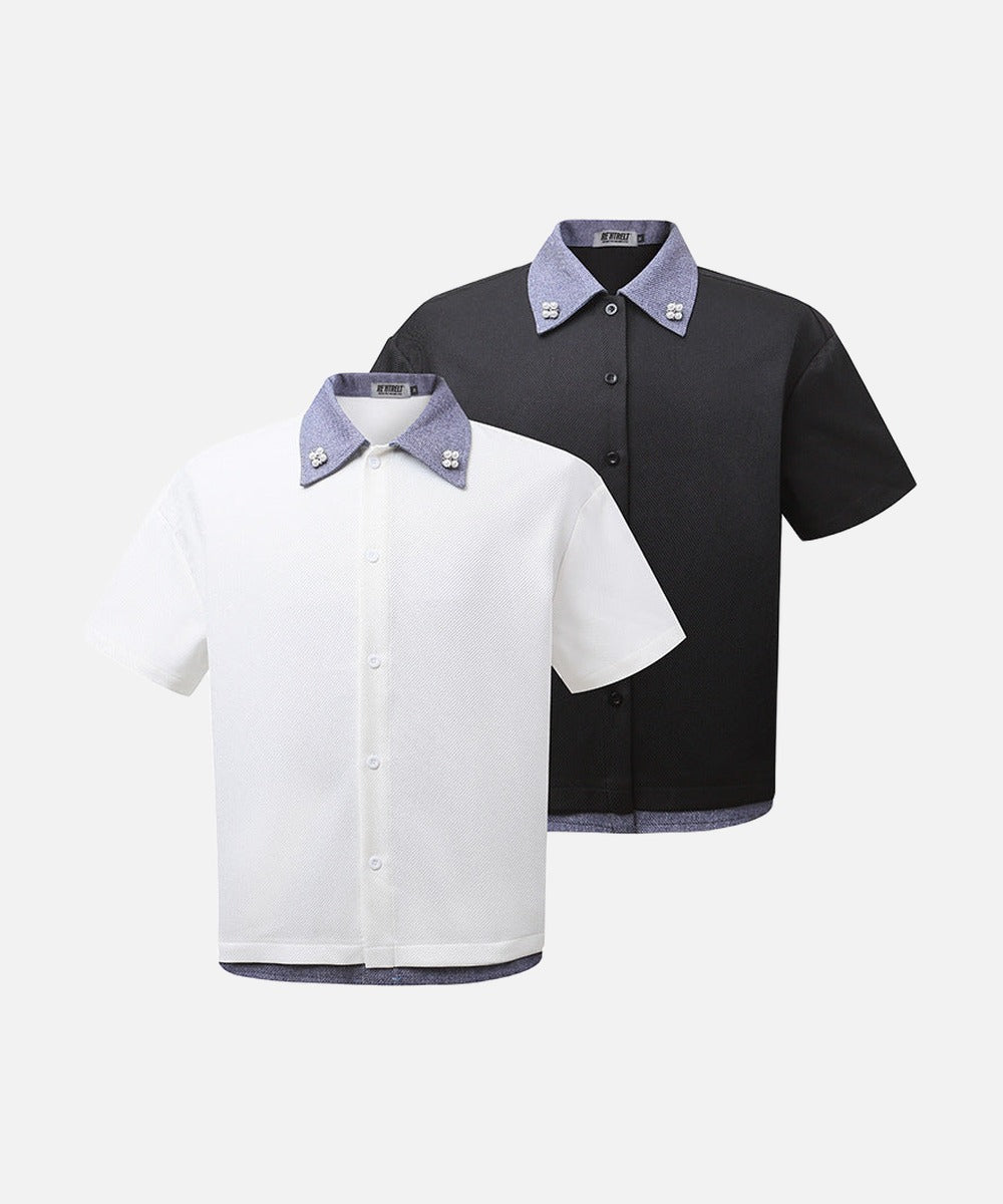 DAXUEN Retro color-block button-down shirt with short sleeves