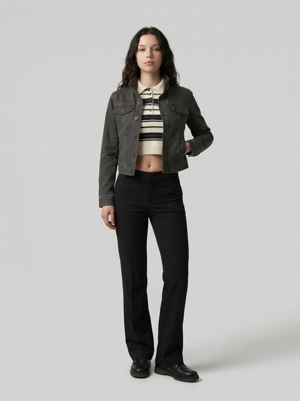 DAXUEN Fitted cropped jacket with stand-up collar — model photo
