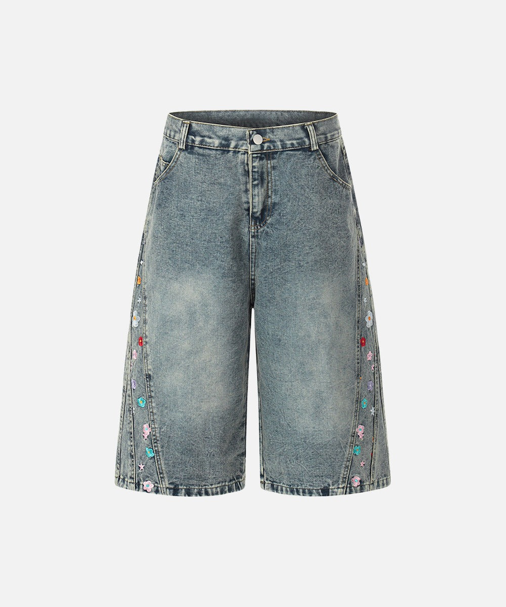 DAXUEN High-waisted wide-leg denim culottes with floral embroidery