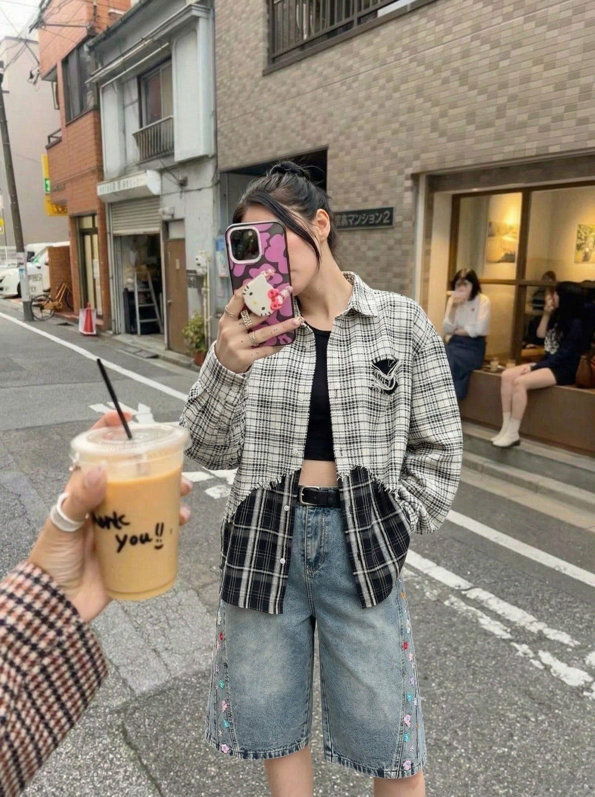 DAXUEN High-waisted wide-leg denim culottes with floral embroidery — model photo
