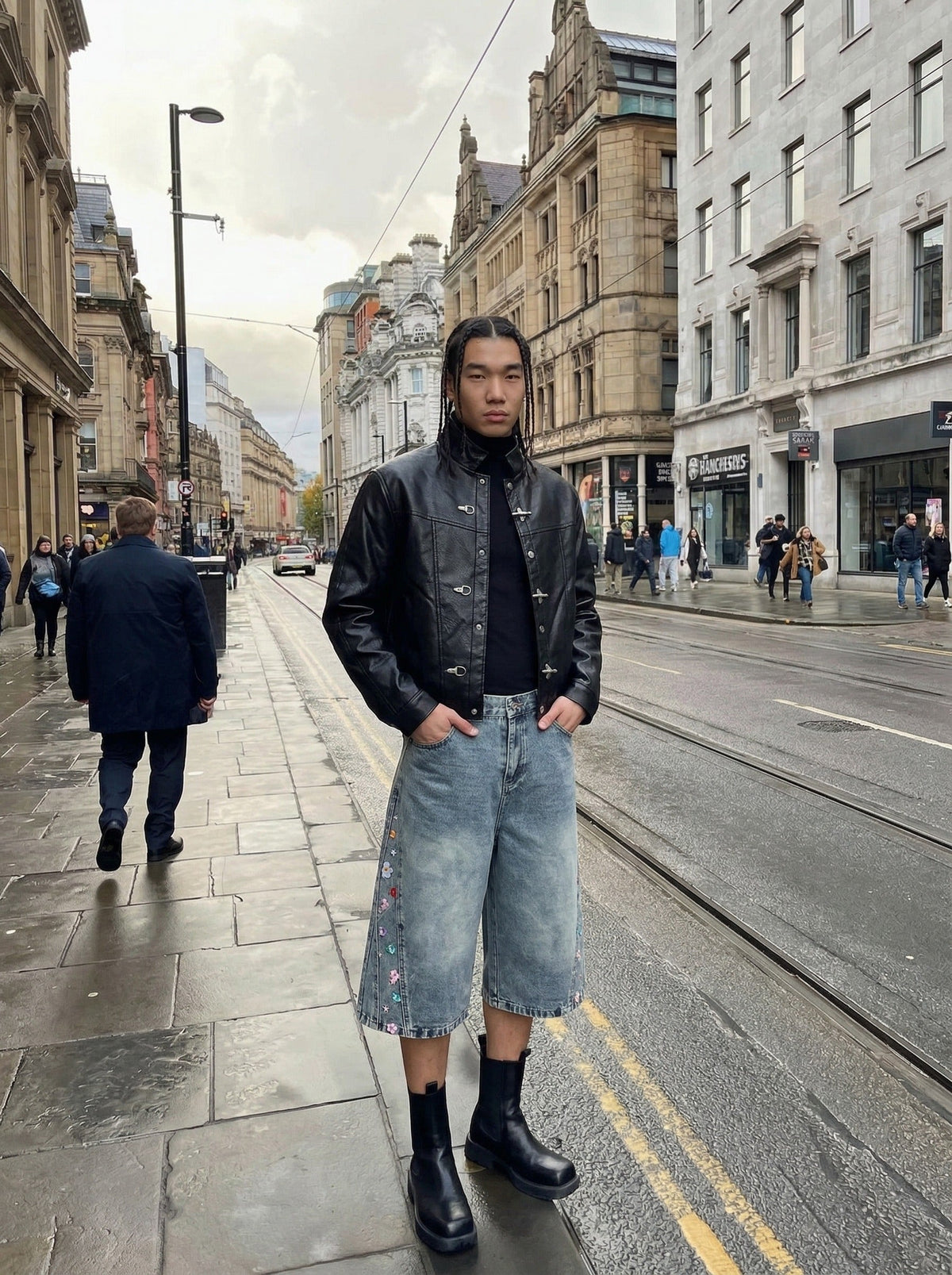 DAXUEN High-waisted wide-leg denim culottes with floral embroidery — model photo