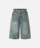 DAXUEN High-waisted wide-leg denim culottes with floral embroidery