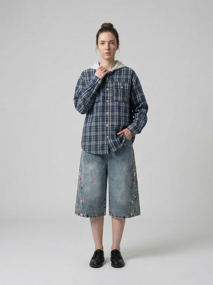 DAXUEN High-waisted wide-leg denim culottes with floral embroidery — model photo